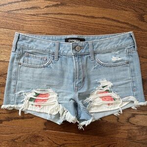 Express Light Blue Jean Shorts with Floral Distress